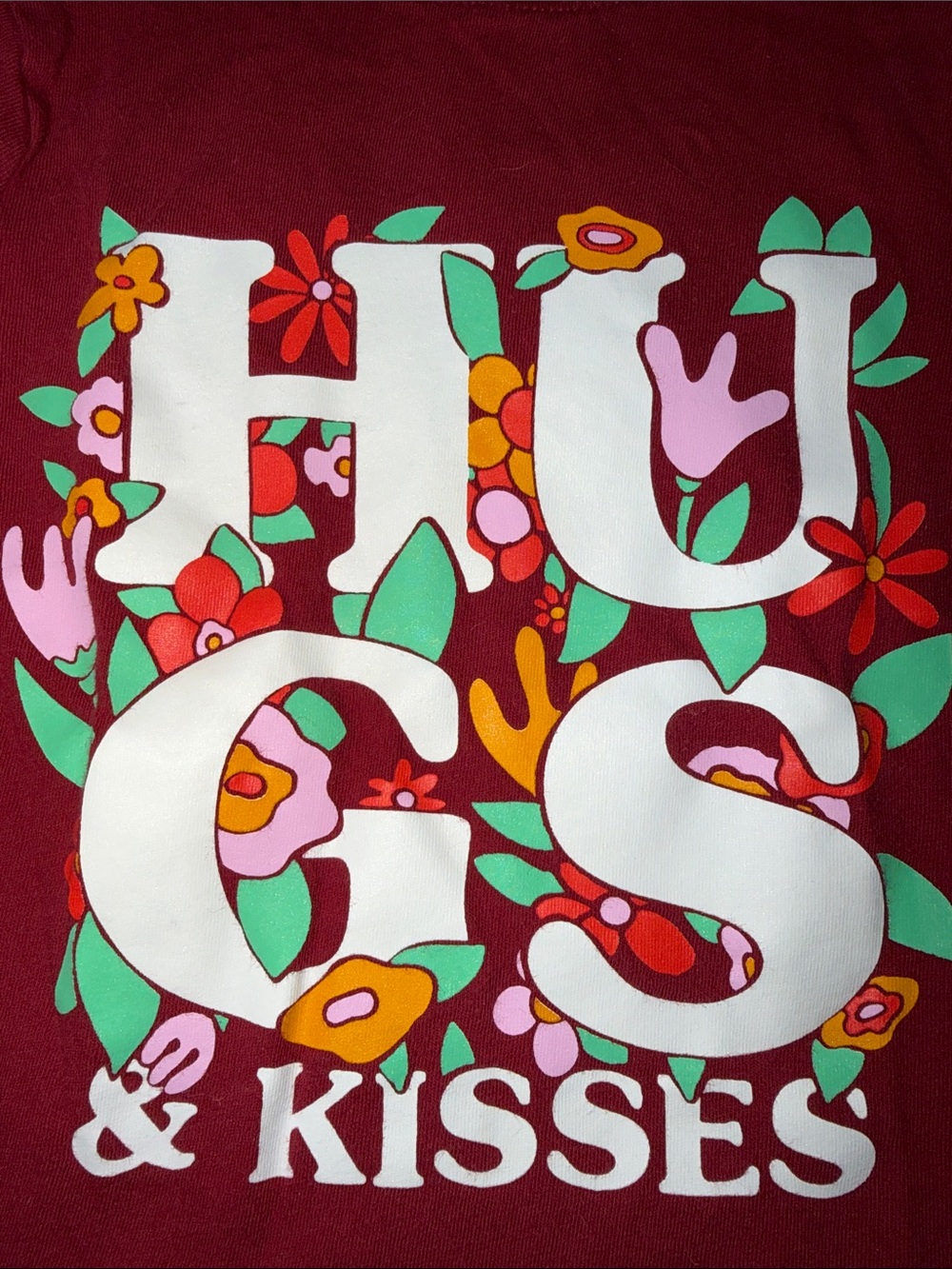 Old Navy Burgundy Long Sleeve Tee with Colorful Floral 'Hugs & Kisses' Graphic - Picture 2 of 5